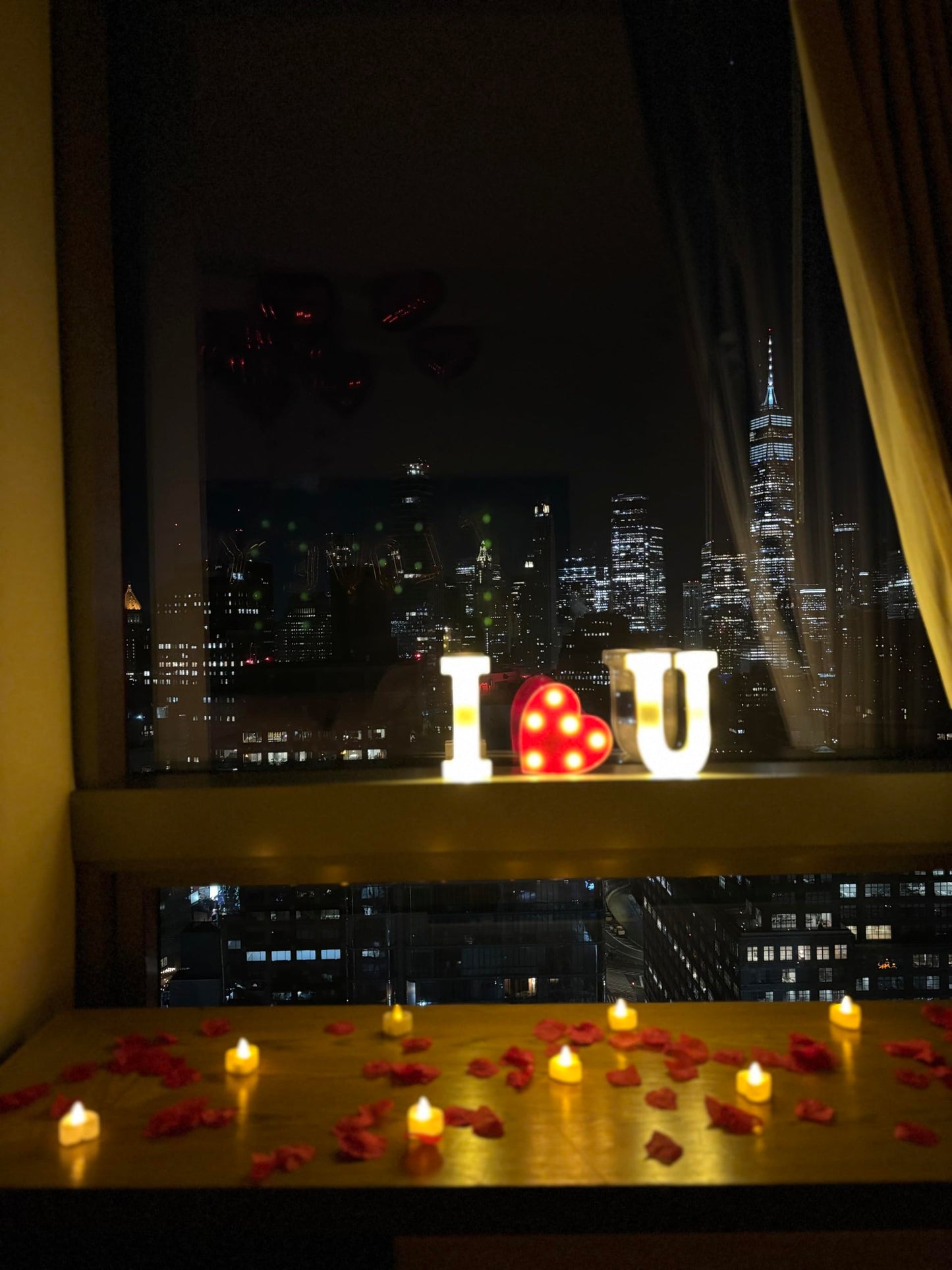 Romantic Decorations Valentines Day, Anniversary, Bedroom Special Night Décor - 3000 Rose Petals, LED & Balloon "I Love You" 36 Heart Candles, 2 Artificial Roses, 144 Red Heart Strings, Heart Balloons