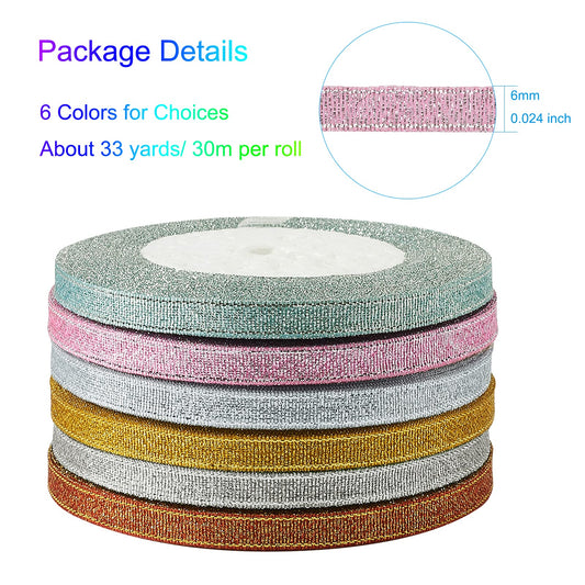 6 Rolls 198 Yards Sparkly Glitter Fabric Ribbon 1/4-Inch 6mm Metallic Sheer Organza Ribbon 6 Colors for Jewelry Bows Making Party Wedding Present Package Wrapping