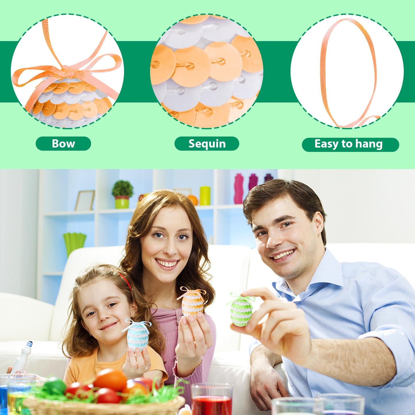 30 Pcs Easter Hanging Sequin Eggs- 1.6" Stripes Easter Eggs Ornaments with Bow- Glitter Easter Decorations Eggs Tree Ornaments for Party Birthday Home Garden Decoration