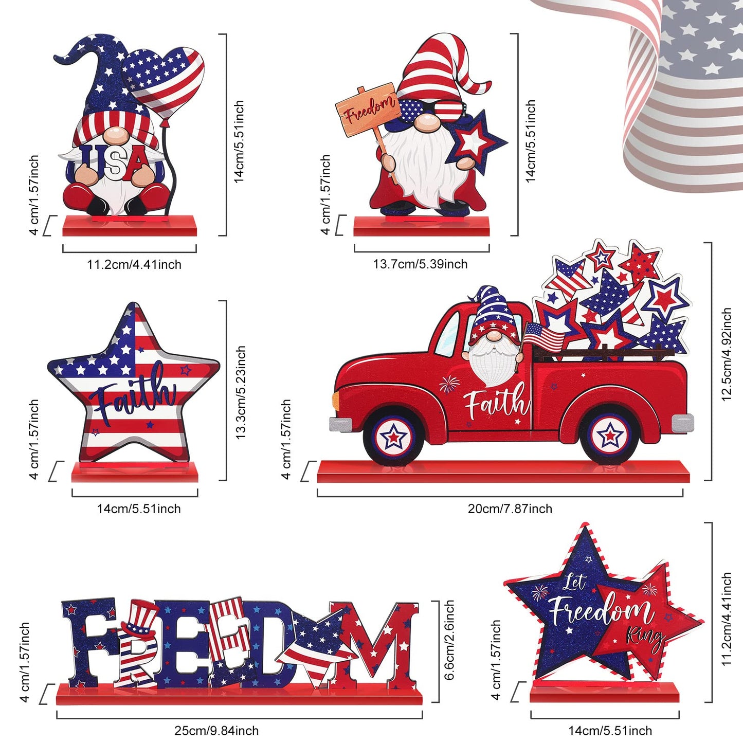 Qunclay 6 Pieces Patriotic Table Decor Memorial Day Table Decorations Wooden Gnome Freedom Truck Star 4th of July Table Signs for Veterans Day Independence Day Table Topper Decor Supplies (With Base)