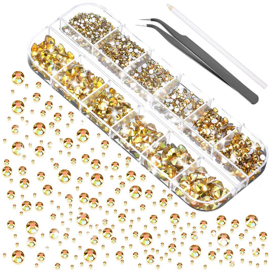 TecUnite 2000 Pieces Flat Back Gems Rhinestones 6 Sizes (1.5-6 Mm) Round Crystal Rhinestones with Tools for Crafts Nail Clothes Shoes Bags DIY Art (Metallic Sunshine)