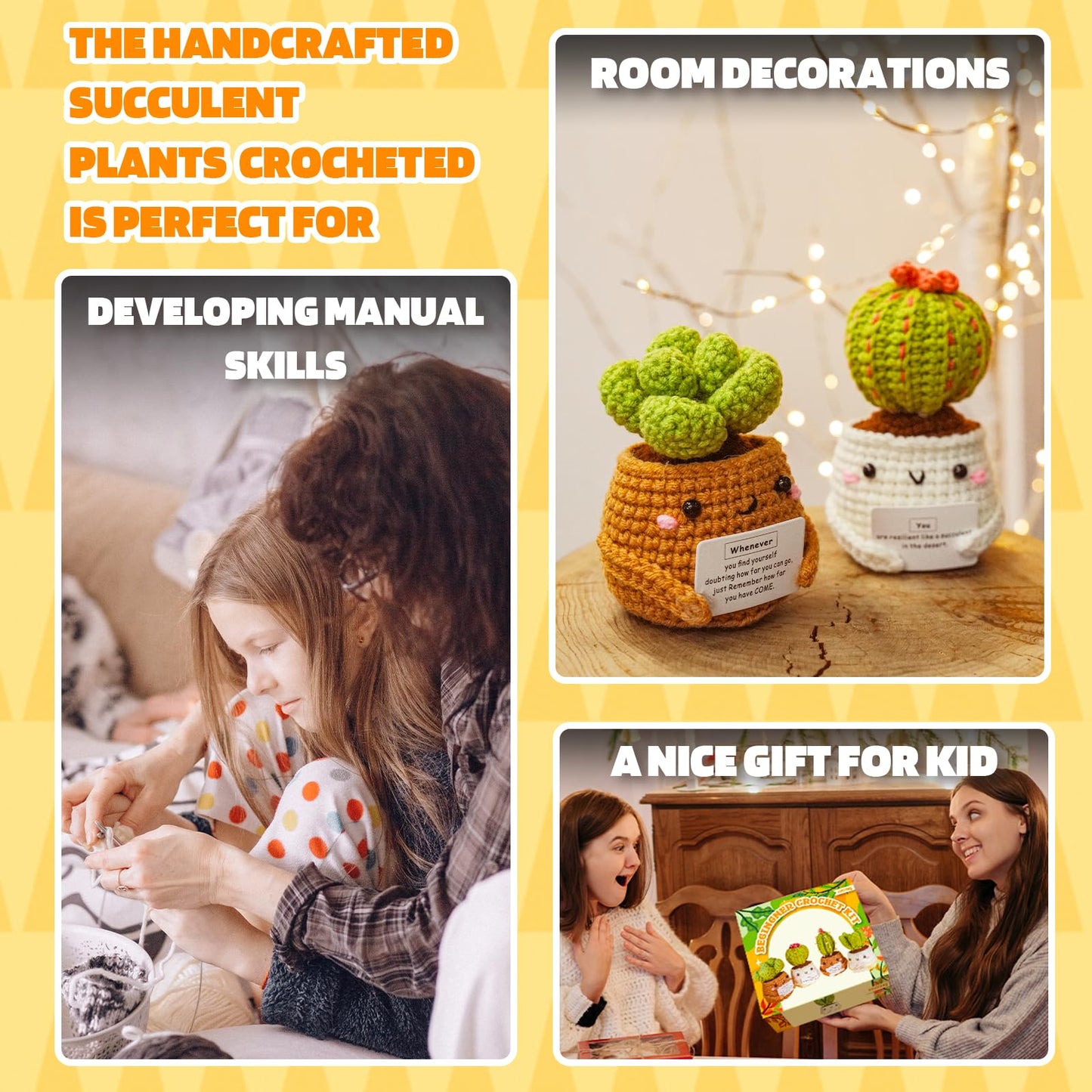 Imcrasy Beginner Emotional Support Succulent Crochet Kit with Step by Step Video Lessons | 4 PC Succulent Crochet Kit with Accessories (40%+ Yarn)