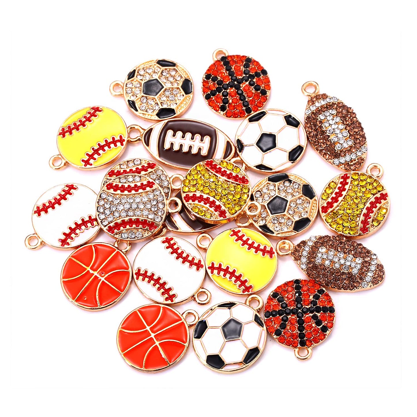 20PCS Sports Charms Enamel Basketball Baseball Pendant Charms for Jewelry Making Rhinestone Ball Game Softball Charms for Necklace Bracelet Earrings DIY Crafts (Set 1)