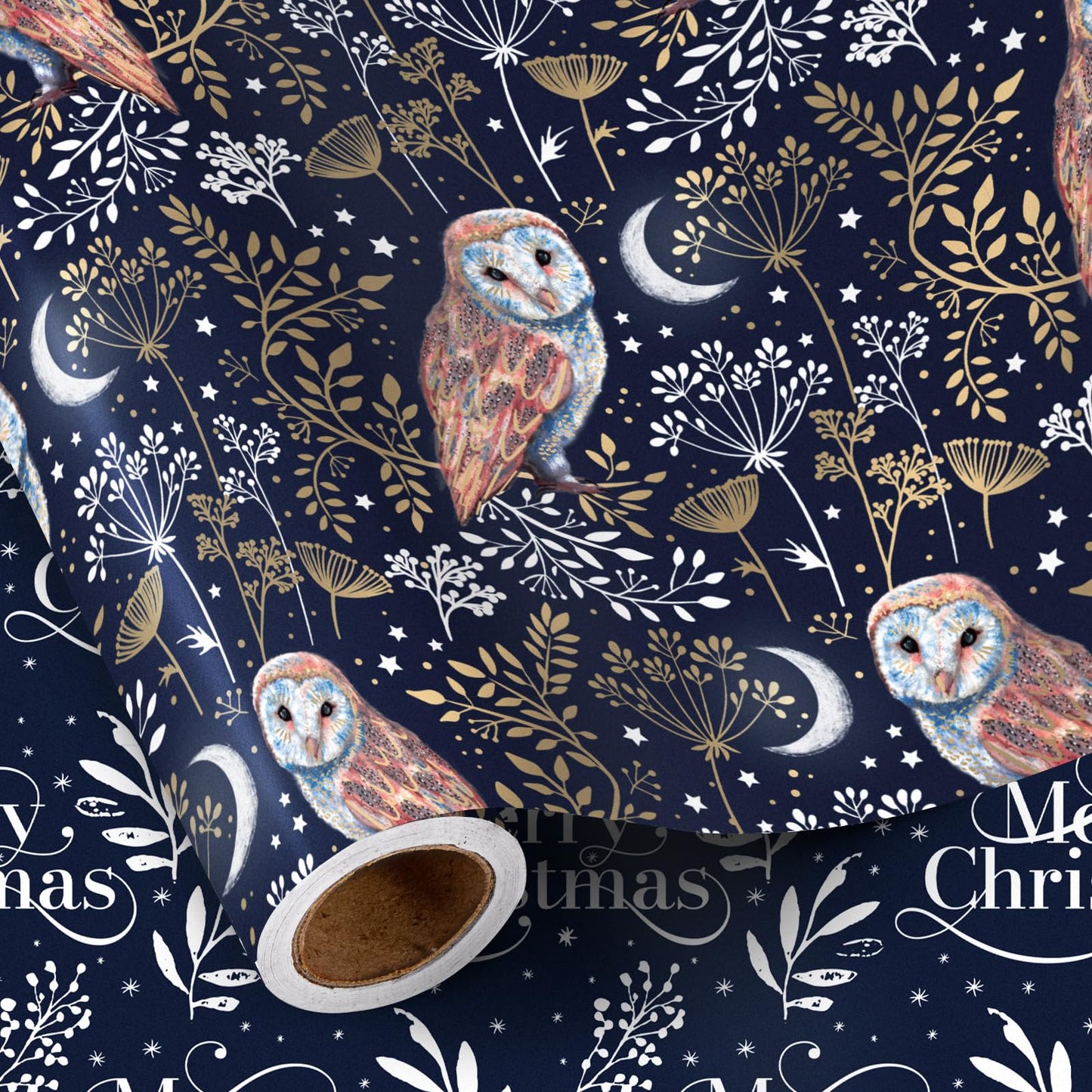 Reversible Wrapping Paper Roll - Mini Roll - Navy Blue Owl Pattern Great for Christmas, Party, Holiday - 17.5 Inches X 32.8 Feet