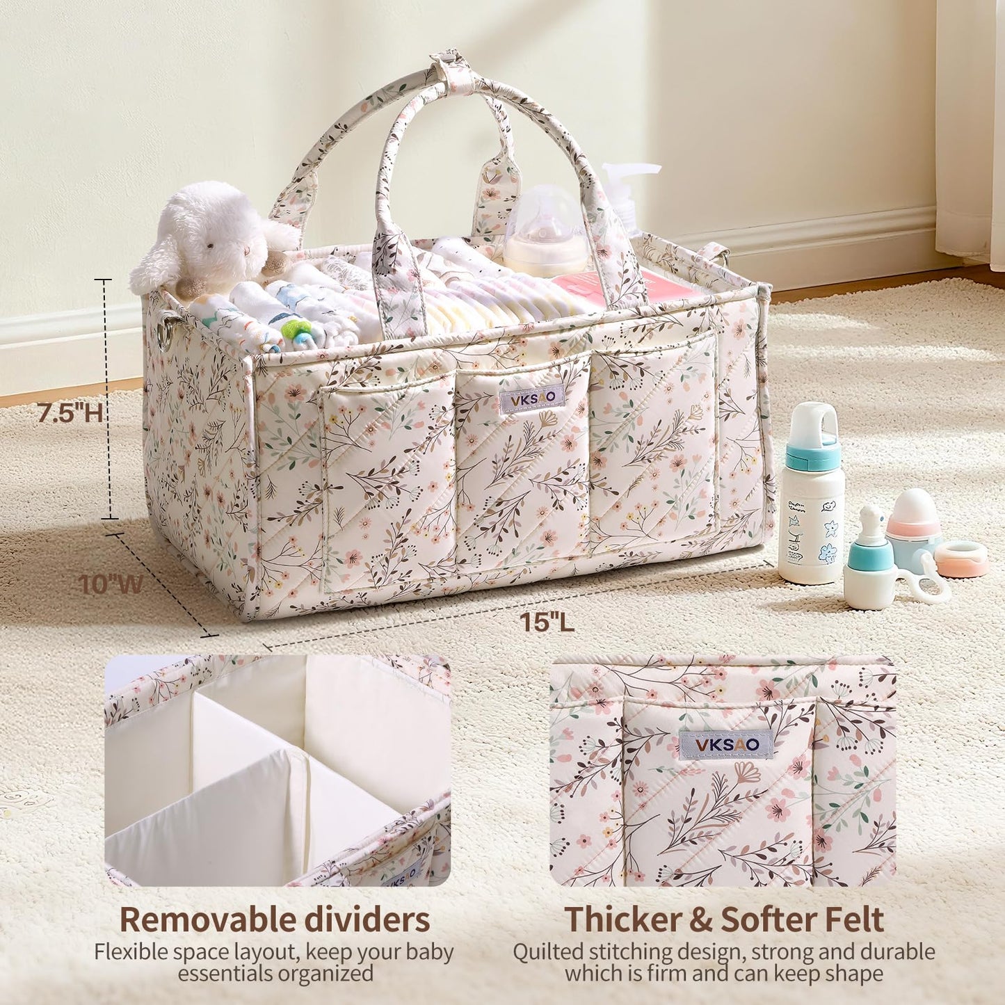 VKSAO Baby Essentials Cute Floral Diaper Caddy Organizer – Portable Storage Basket with Shoulder Strap & Stroller Hooks, Splashproof Quilted Nursery & Car Tote for Baby Shower, Beige Floral
