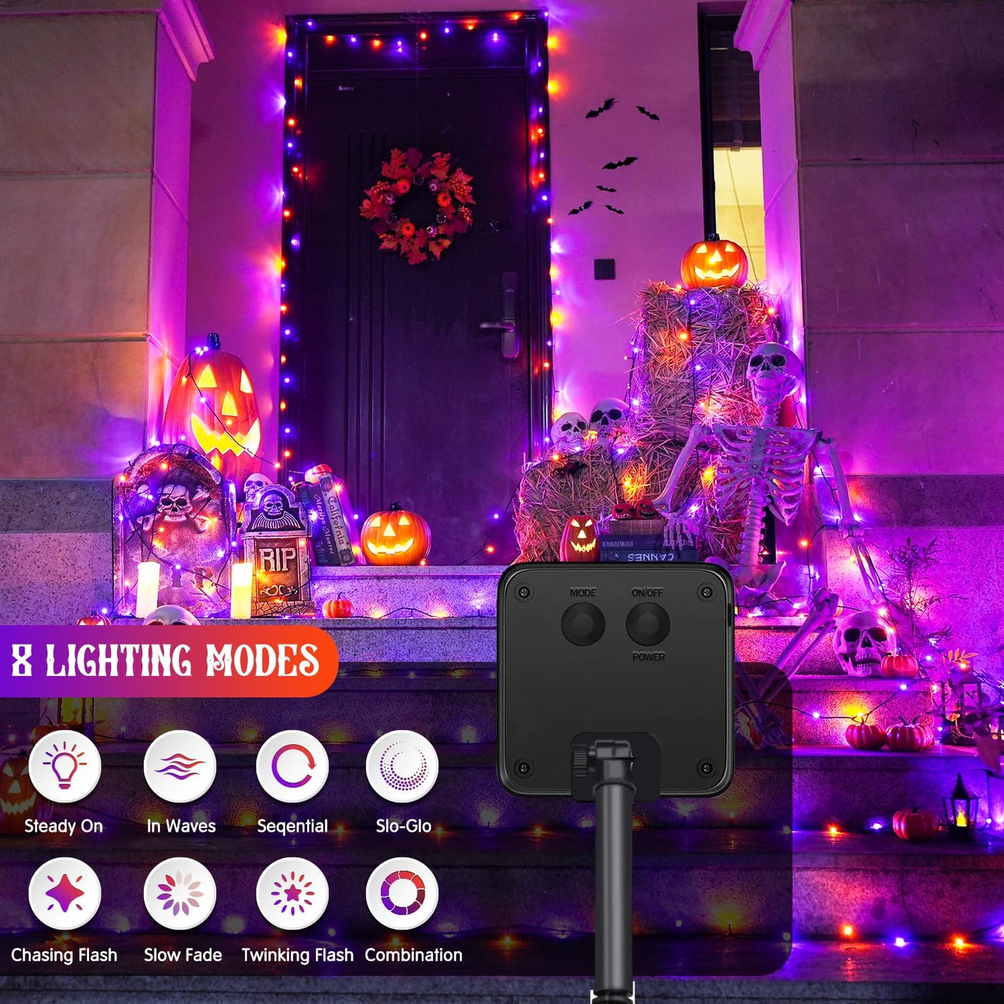 JMEXSUSS Orange and Purple Solar Halloween Lights, 2 Pack Total 400 LED Solar String Lights Outdoor Waterproof, 8 Modes Halloween Light for Outside Patio Yard Tree Decorations