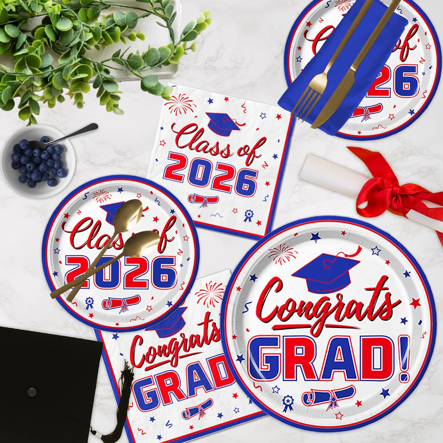 Graduation Party Supplies Kit Serves 50 - Graduation Party Red and Blue Class of 2026 Tableware Disposable Dinner Plates Dessert Plates and Napkins for Congrats Grad Party Decorations