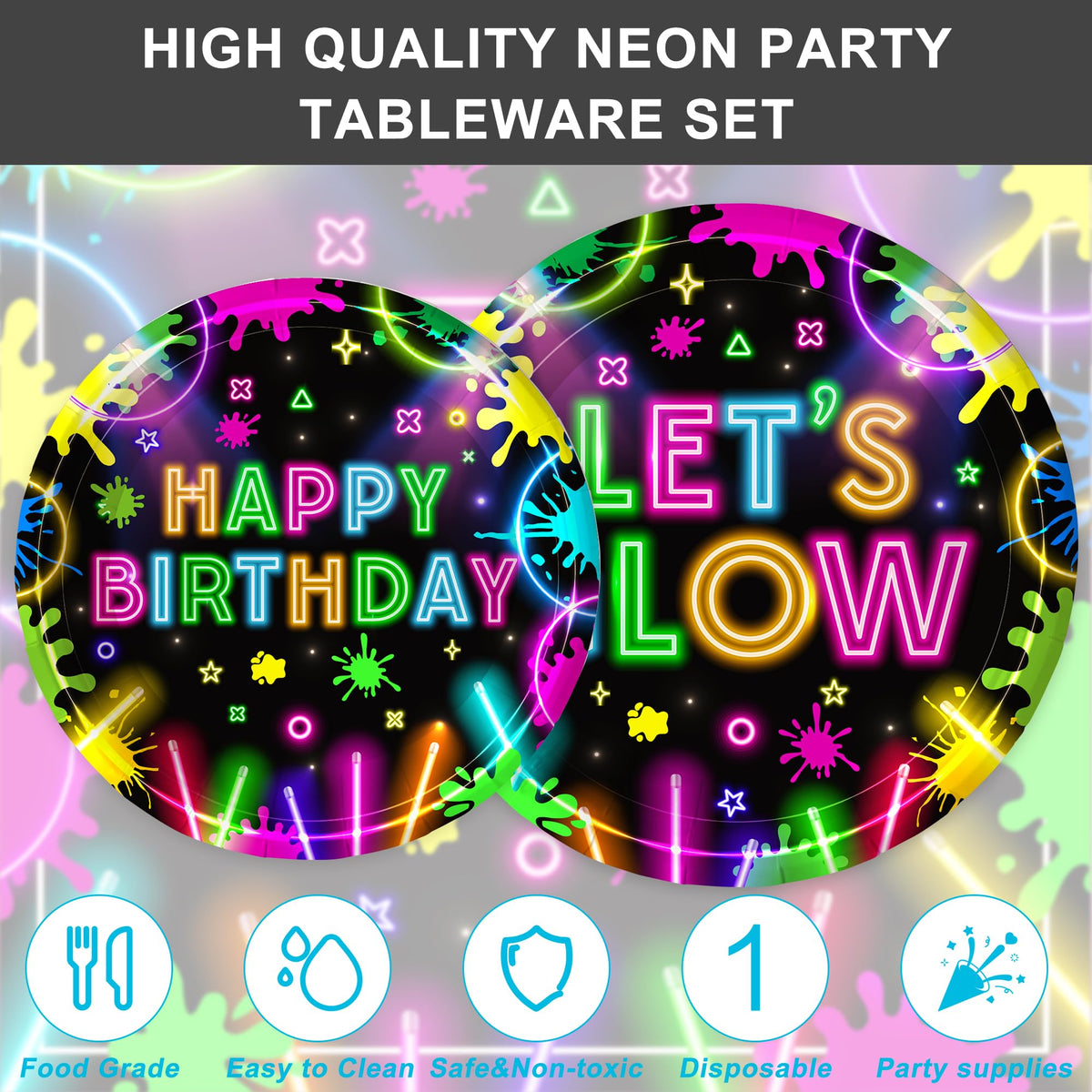 120PCS Let's Glow Party Supplies Neon Birthday Party Decorations for Kids Neon Glow in the Dark Tableware Set Plates Napkins Cups Forks Knives for 20 Guests