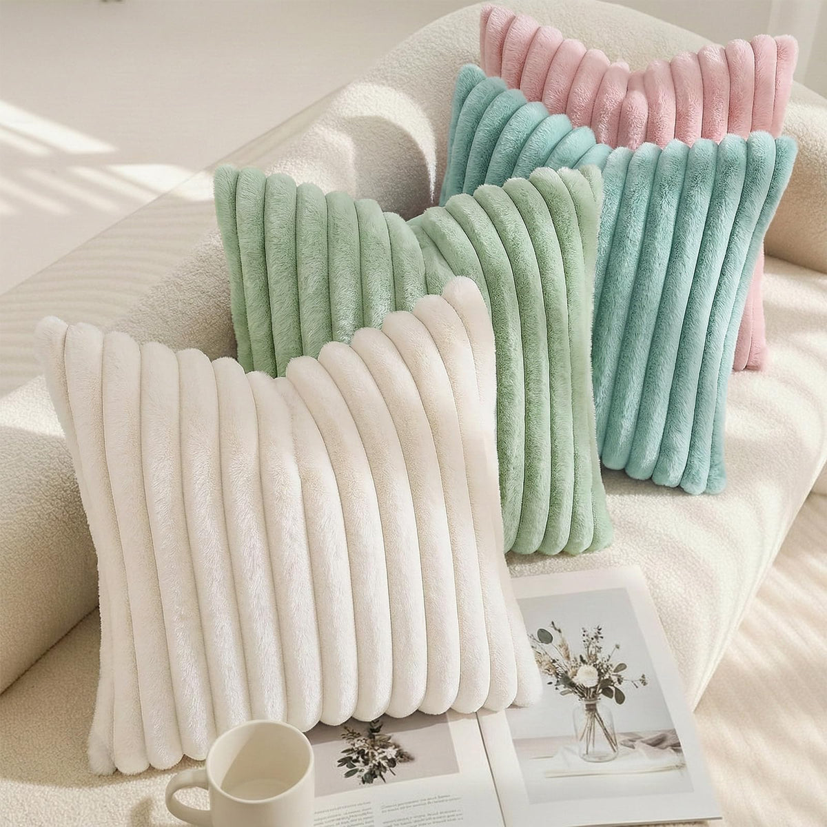 decorUhome Fall Cozy Faux Fur Throw Pillow Covers 18x18 Set of 2 Decorative Soft Plush Striped Modern Farmhouse Boho Couch Pillow Cases with Velvet Back for Sofa Bed Living Room, Sage Green
