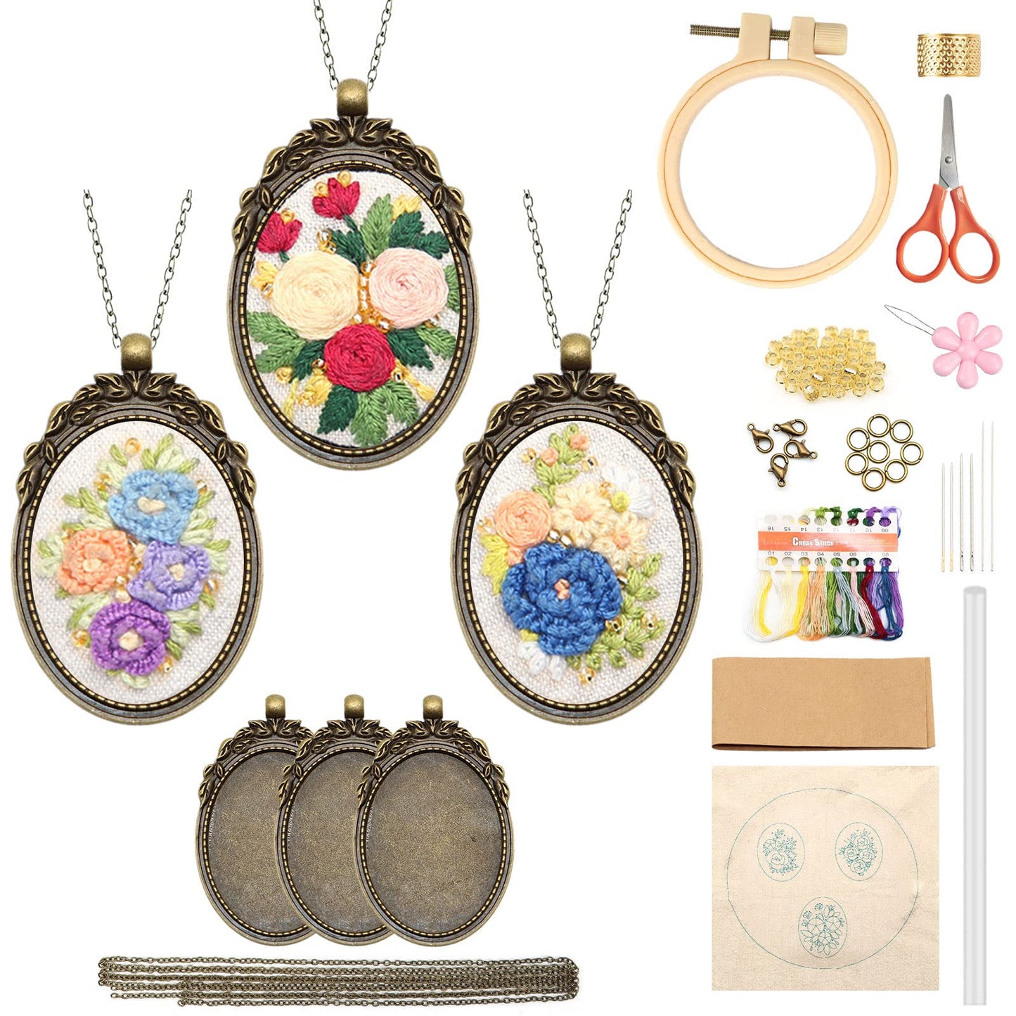 ZOCONE 3 Packs Embroidery Necklace Kit, Embroidery Pendant Kits Mini Cross Stitch Kit with Hoop, Necklace, Pendant, Beads, Stamped Pattern Cloth, Instructions, etc., Embroidery Kits for Adults