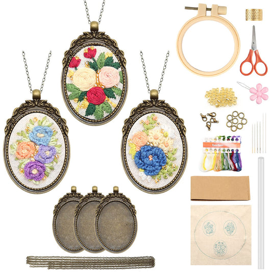 ZOCONE 3 Packs Embroidery Necklace Kit, Embroidery Pendant Kits Mini Cross Stitch Kit with Hoop, Necklace, Pendant, Beads, Stamped Pattern Cloth, Instructions, etc., Embroidery Kits for Adults