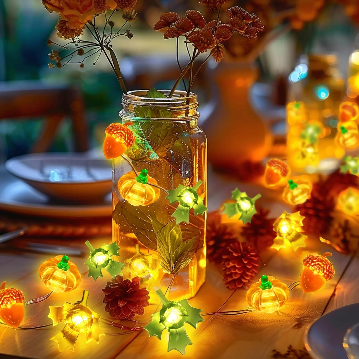 Coquimbo Fall Decorations for Home, 10ft 30 LED Pumpkin Maple Leaf Lights Battery Operated Fairy String Lights Autumn Harvest Table Indoor Outdoor Decor Halloween Thanksgiving Party Decorations Gifts