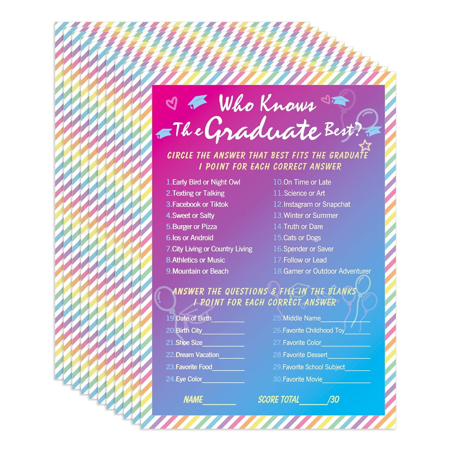 FaCraft 36PCS Who Knows Graduate Best Game Cards - Class of 2026 Graduation Party Games for Guests Funny Graduation Activities for High School & College Grad Parties Rainbow Design Party Supplies