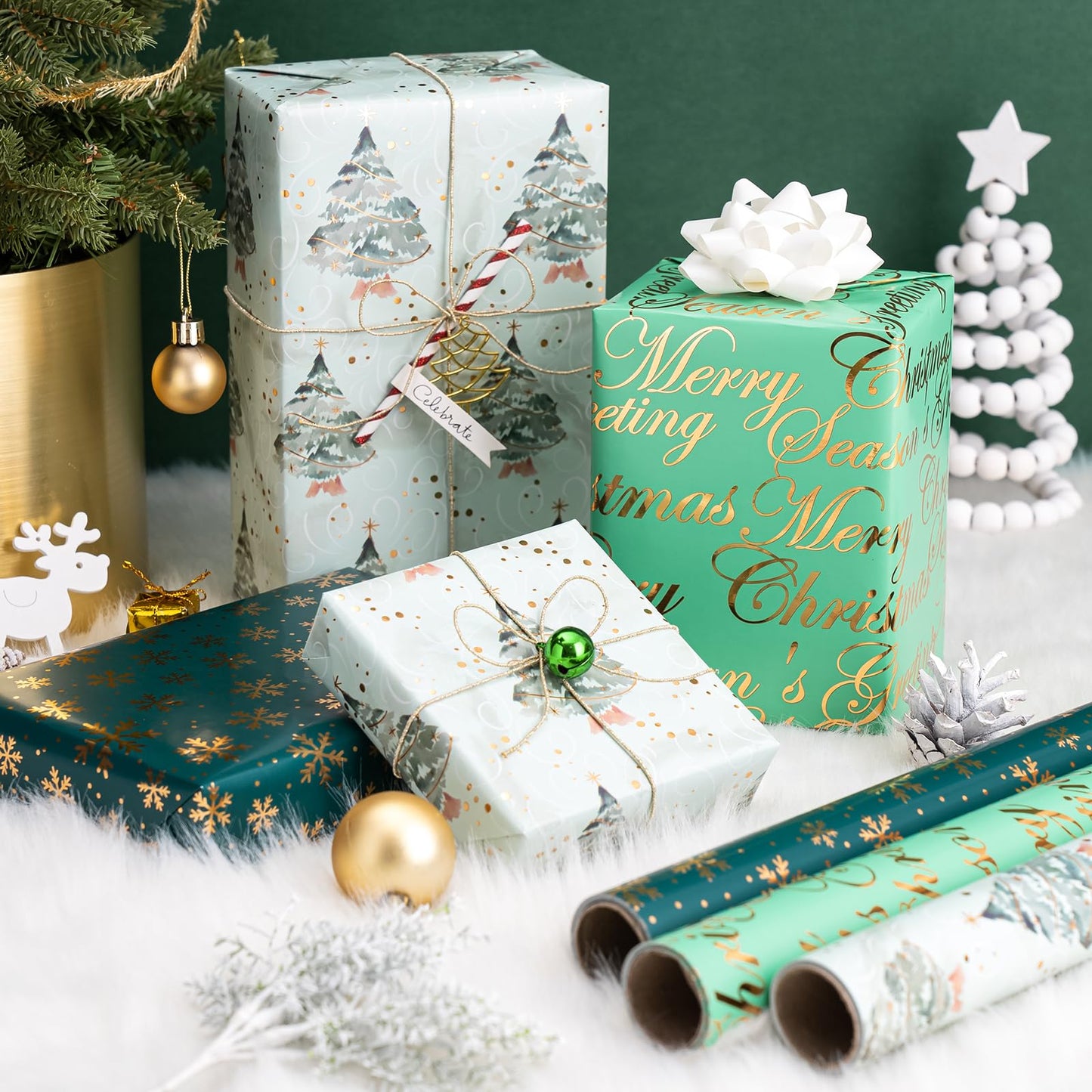 Christmas Wrapping Paper - 3 Rolls, 17 Inch X 120 Inch Each - Green Foil Christmas Tree, Snowflake Designs with Metallic Shine - Perfect for Christmas, Holiday