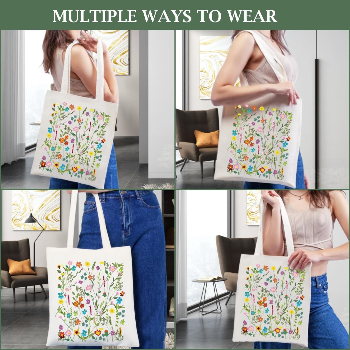 Andeiltech Canvas Tote Bag for Women Aesthetic Cute Shopping Grocery Reusable Bags with Inner Zipper Women Gift