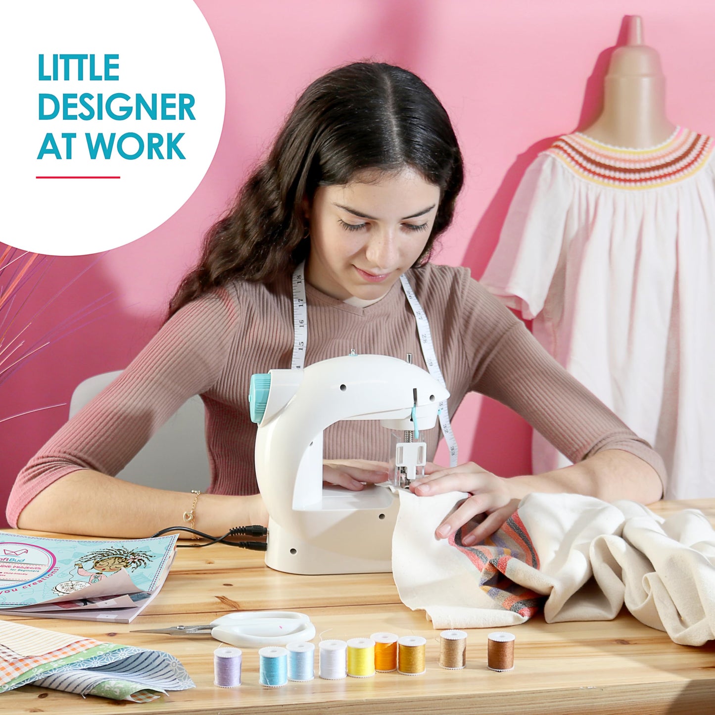 CraftBud Mini Sewing Machine for Beginners, Dual Speed Small Portable Sewing Machine for Kids and Adults with Extension Table, 48 Piece Gift Set Includes, Pedal, Projects Book, Light and More, White