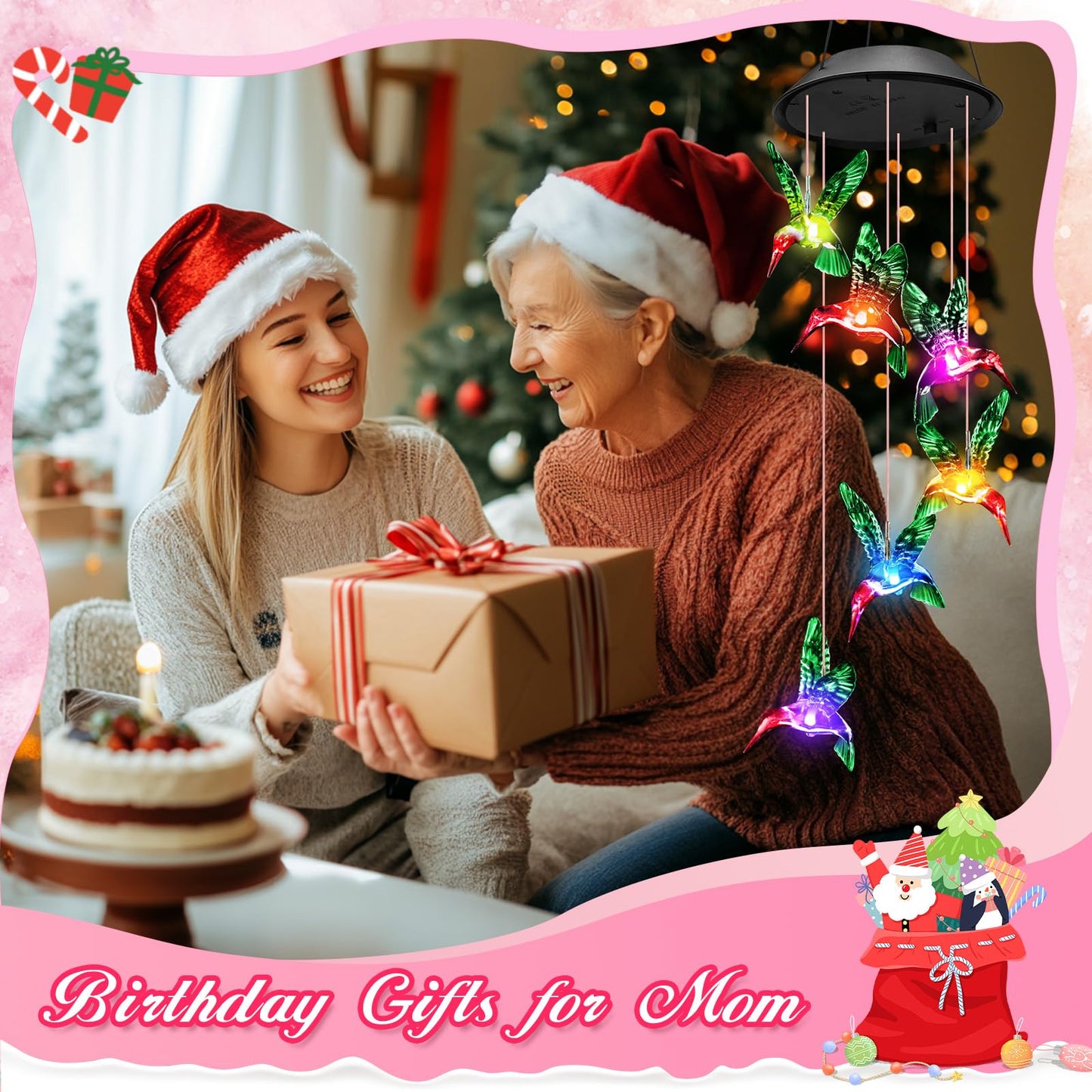 Winzwon Birthday Gifts for Women Mom Grandma, Solar Hummingbird Wind Chimes for Outside Solar Lights Outdoor Decor Hanging Mobile Garden Yard Patio