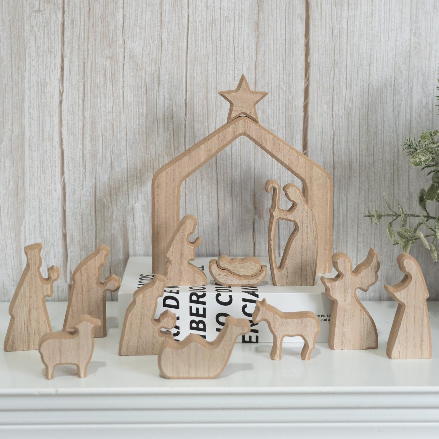 Nativity Scene Set, 13Pcs Wooden Christmas Nativity Scene Miniature Holy Family Figurines, Minimalism Boho Tabletop Christmas Manger Decorations for Indoor Home Mantel Display