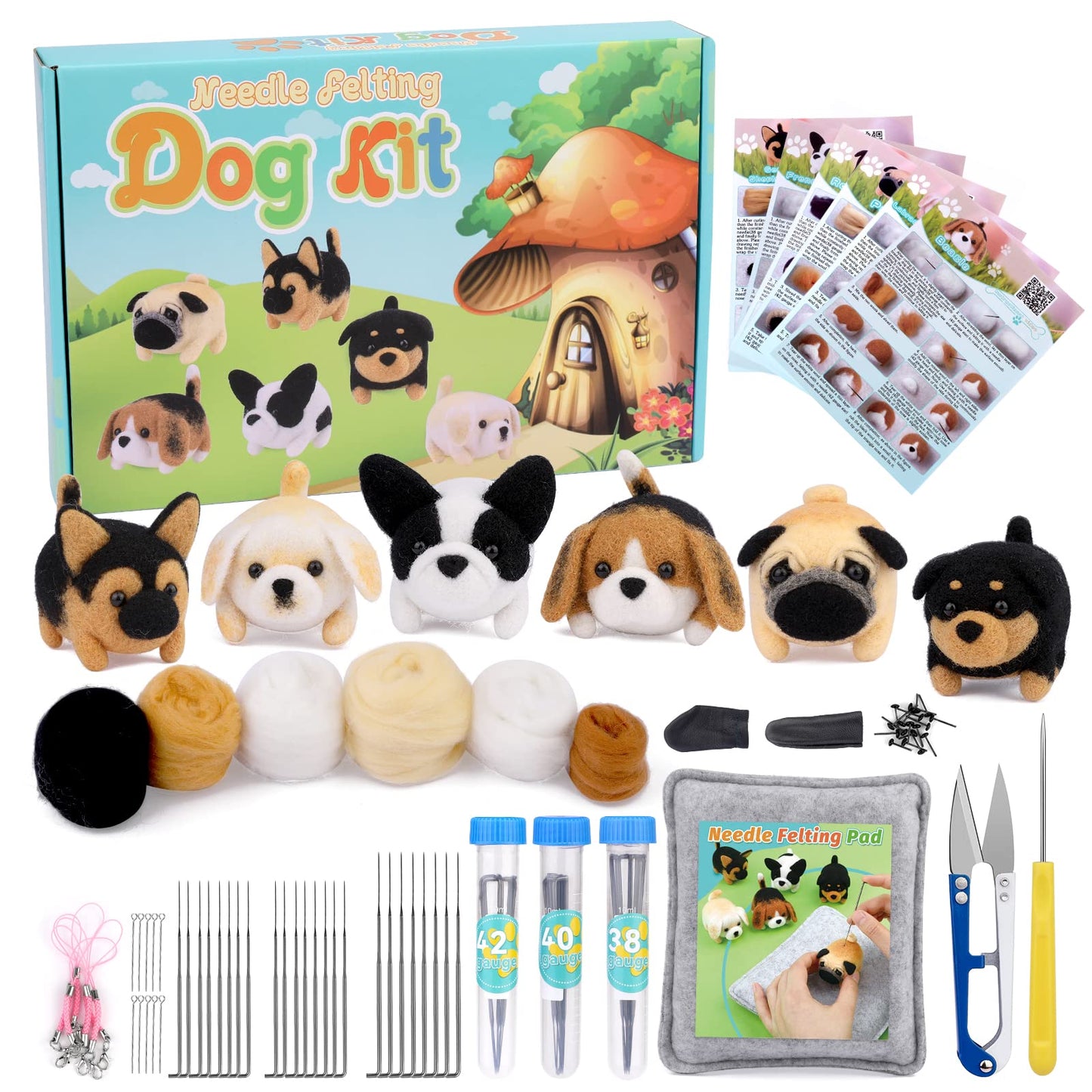 Needle Felt Starter Kit, Needle Felting Kit, Needle Felt Supplies, Wool Felt (Includes Keychain), Needle Felt Pads, Felt Needles, DIY Craft Animal Decor Scissors for Gifts, and Instructions