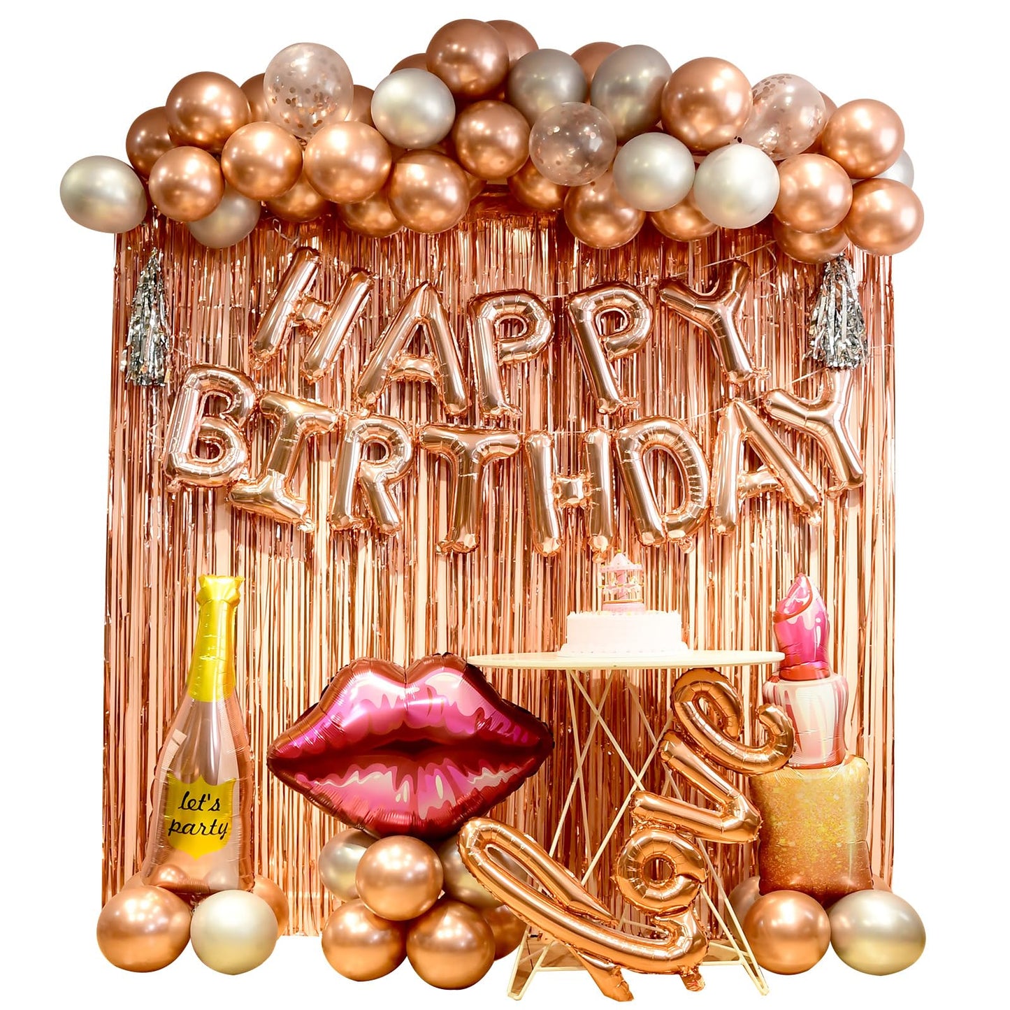 Rose Gold birthday decorations for women ，happy birthday party decorations for girls，Rose Gold Fringe Curtain，happy birthday banner， balloon letters