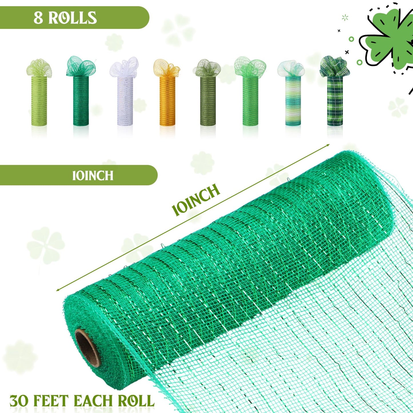 8 Rolls St. Patrick's Day Mesh Ribbon for Wreaths 10 Inch x 30 Feet Each Roll Decor Poly Metallic Foil Mesh Ribbon Decoration DIY Crafts Making Supplies for Spring Wedding