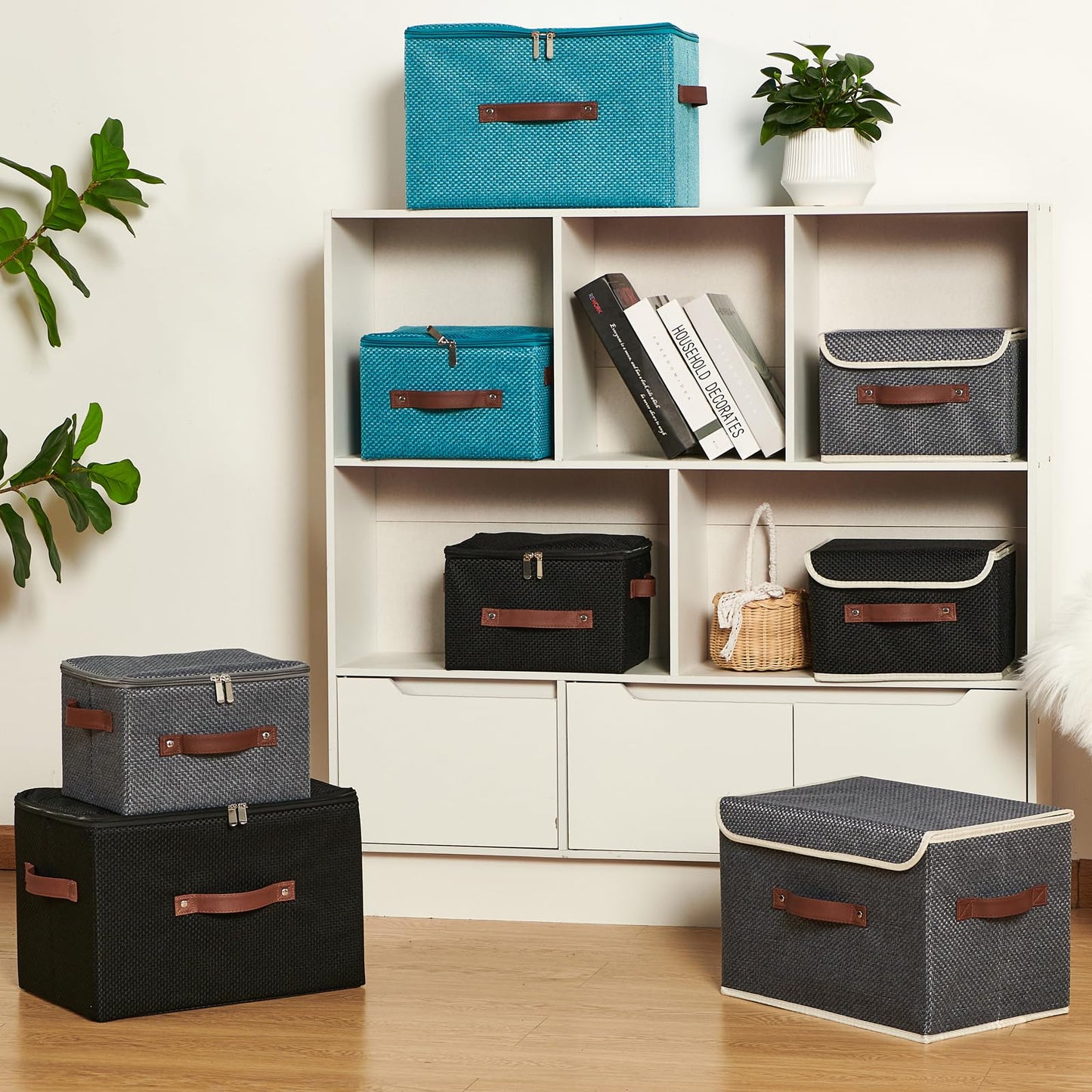 Storage Bins with Lid Fabric Storage Box Basket PU Leather Handle Textured Woven Cotton Linen Decorative Foldable Washable Shelf Closet Organizer Container (Zipper Lid, Gray, Small)