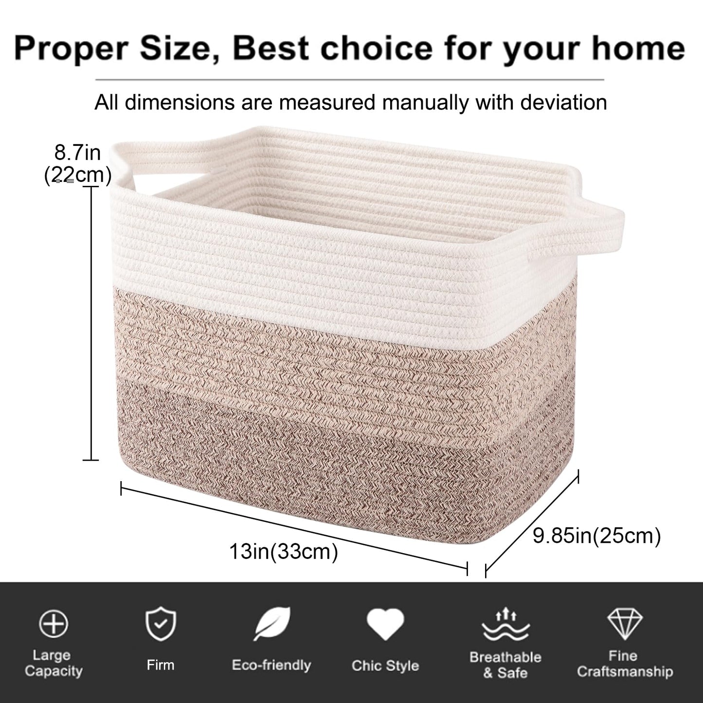 OIAHOMY Cotton Rope Storage Basket for Shelves, Baskets for Organizing, Rectangle Storage Bins with Handles, Woven Toy Baskets for Nursery Room, 13×9.85"×8.7", Brown