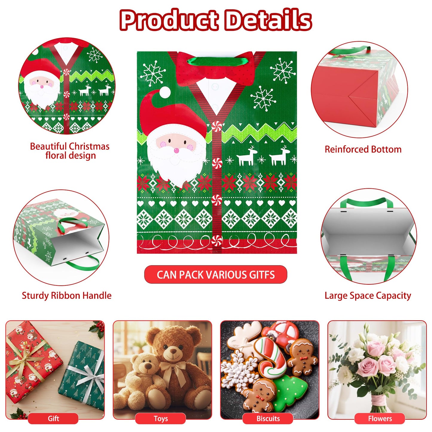 24 PCS Christmas Gift Bags Assorted Size, Featuring Snowman with Presents, Santa reindeer Socks Snowflake Holiday Designs – Perfect for Festive Wrapping Gifts, 6 X-Large, 6 Large, 6 Medium, 6 Small
