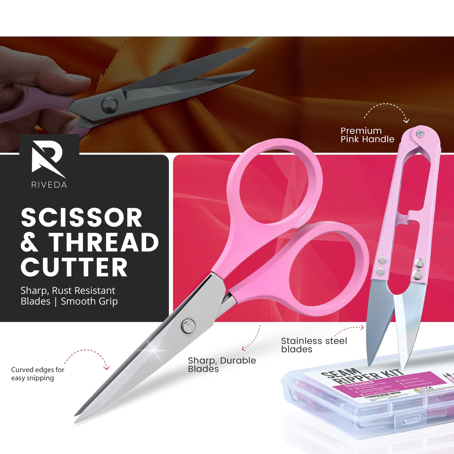 Seam Ripper Kit 7 Pcs - 1 Large, 1 Ergonomic, 2 Small Seam Rippers, Thread Cutter, Scissor, Measuring Tape - Sewing Accessories for Notions Quilting Crafts