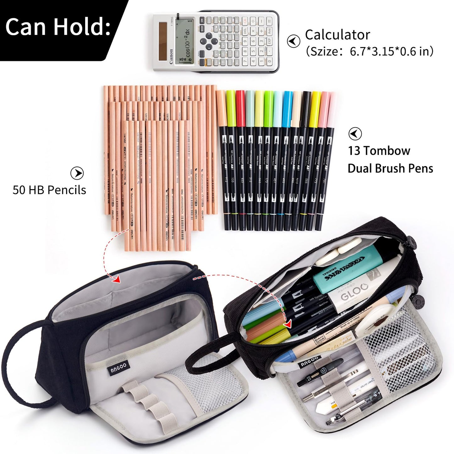 EASTHILL Big Capacity Pencil Case Canvas High Large Storage Pouch Marker Pen Case Simple Stationery Bag School College Office Organizer for Teens Girls Adults Student-Black