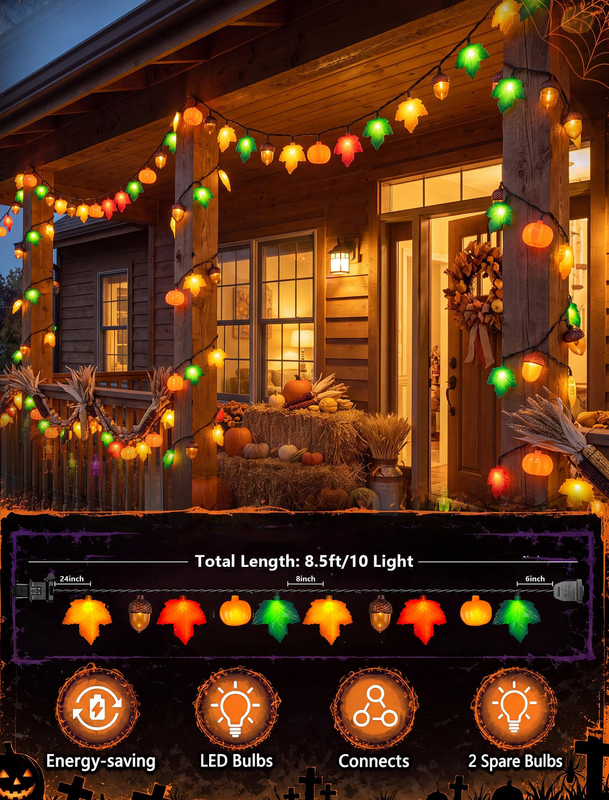 8.5FT 10LED Pumpkin Maple Leaf Acorn Fall String Lights Decorations Plug in