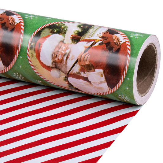 Christmas Reversible Wrapping Paper Roll, Mini Roll, Vintage Red Green Santa Claus Design and Red White Candy Cane Stripe Pattern Gift Wrap Paper for Holiday Gifts, 17 Inches x 32.8 Feet