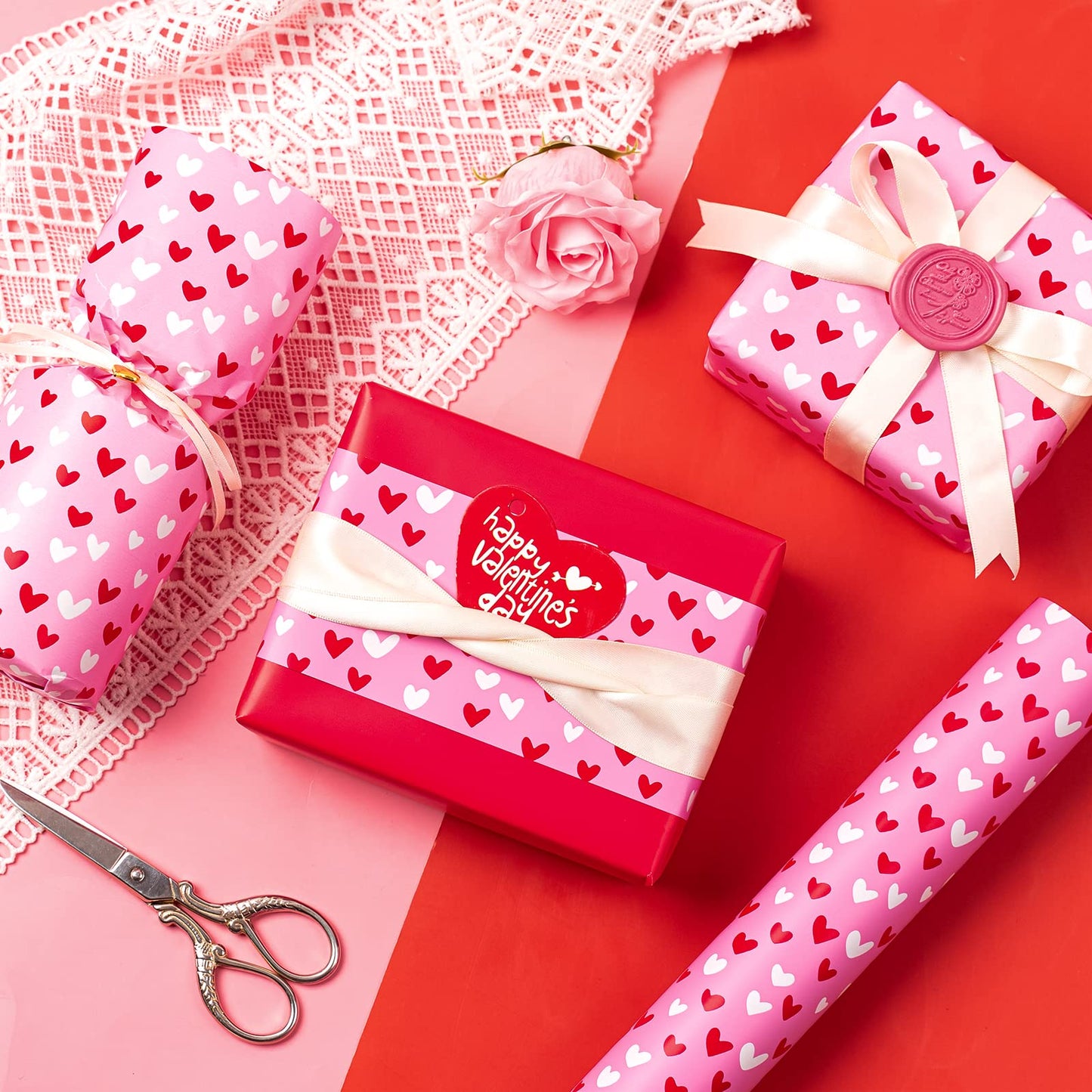 Reversible Valentine's Day Wrapping Paper - Mini Roll - 17 Inch X 33 Feet - Pink and Red Heart Design for Valentine's Day, Anniversary, Birthday, Wedding, Baby Shower
