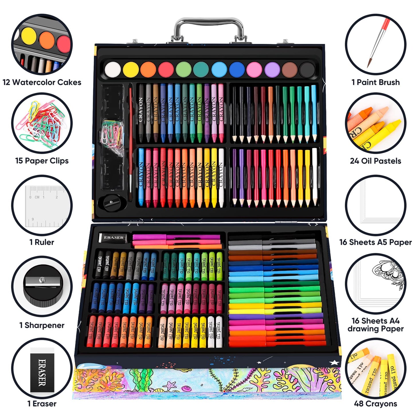 Soucolor 183-Pack Cute Preppy Stuff School Office Teacher Supplies: 48 ct Crayons, 24 Oil Pastels, 24 Drawing Pencils, Art Markers, Watercolor Cakes, Sketch Papers, Classroom Must Have, Stocking Stuff