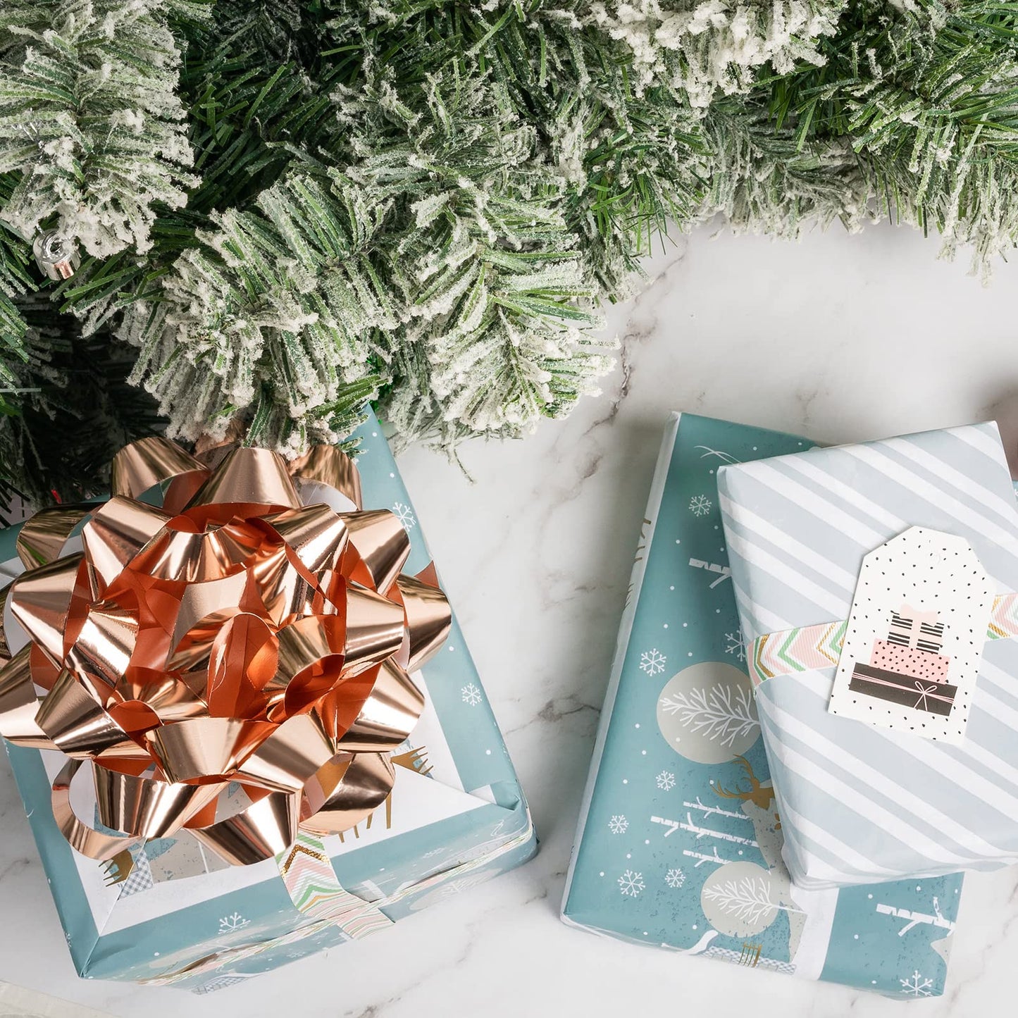 Reversible Christmas Wrapping Paper - Mini Roll - 17 Inch x 33 Feet - Blue and White Reindeer Holiday Landscape and Stripe Design for Christmas, Holiday, Party