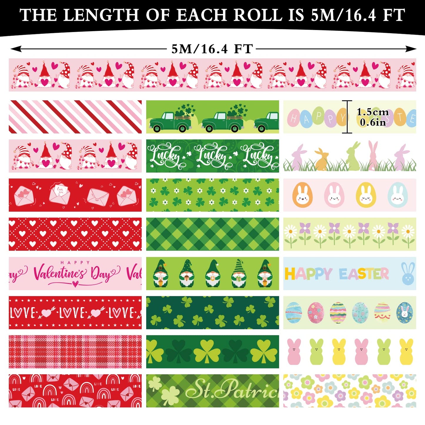 24 Rolls Holiday Washi Tape Set Valentine's Day Red Love Heart Masking Tape St. Patrick's Day Green Clover Happy Easter Decorative Paper Tape Stickers for Scrapbook DIY Craft, 16.4Ft