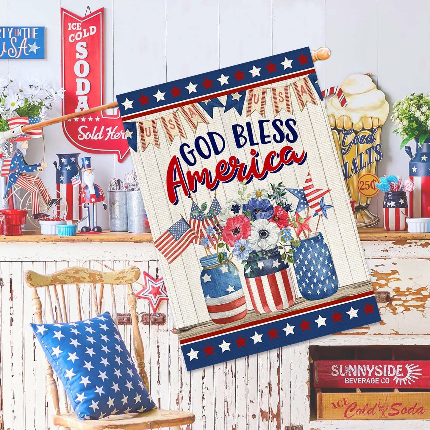 Baccessor 4th of July Patriotic House Flag Double Sided Memorial Day God Bless America Flower Vase Independence Day Yard Flag Outdoor Outside Holiday Decoration 28x40 Inch (Large)