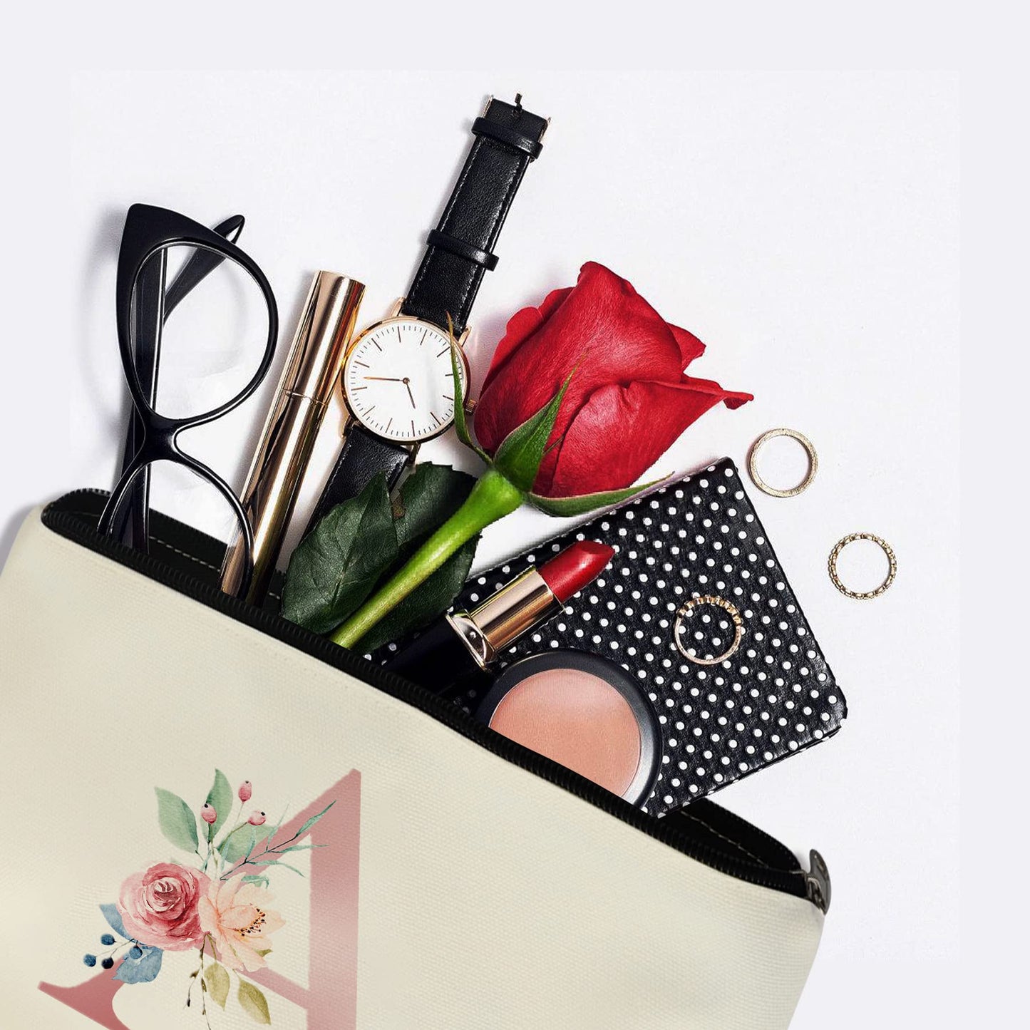 Binggemen Initial Canvas Tote Bag with Zipper Pockets,Personalized Totes for Women Bridesmaids Teacher,Cosmetic Makeup Bag,Monogrammed Gifts for Wedding Birthday (Letter A)