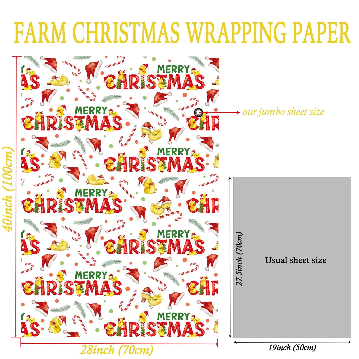 Christmas Duck Wrapping Paper - Funny Xmas Gift Wrap with Santa Hats, Candy Canes, Yellow Ducks and MERRY CHRISTMAS for Kids Boys Girls - 40×28 Inches, 4 Folded Sheets
