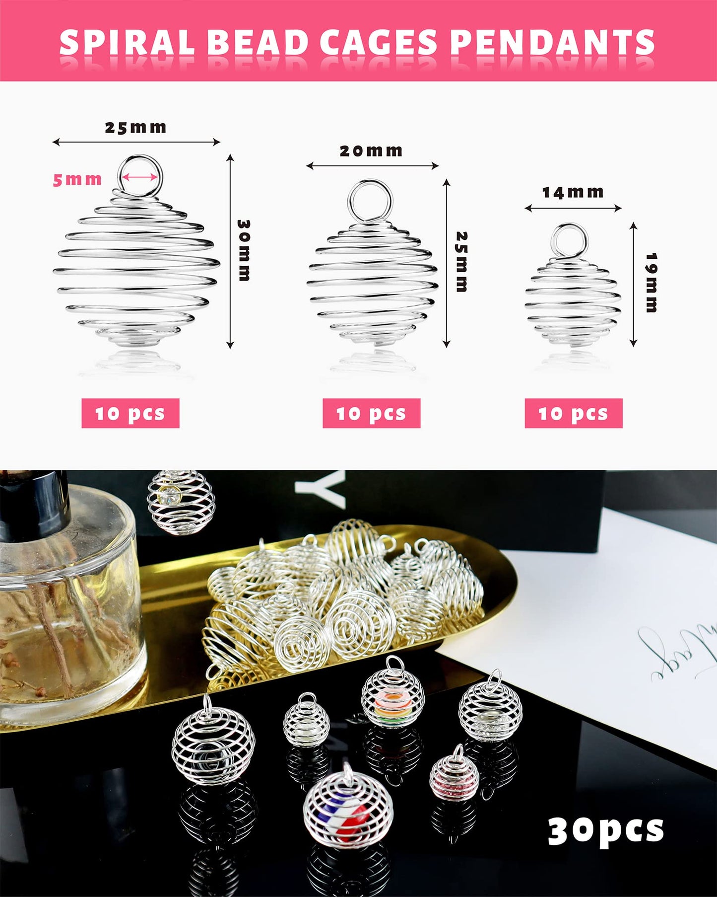 JIALEEY Spiral Bead Cages Pendants, 30 PCs 3 Sizes Silver Plated Stone Holder Necklace Cage Pendants Findings for Jewelry Making and Crafting