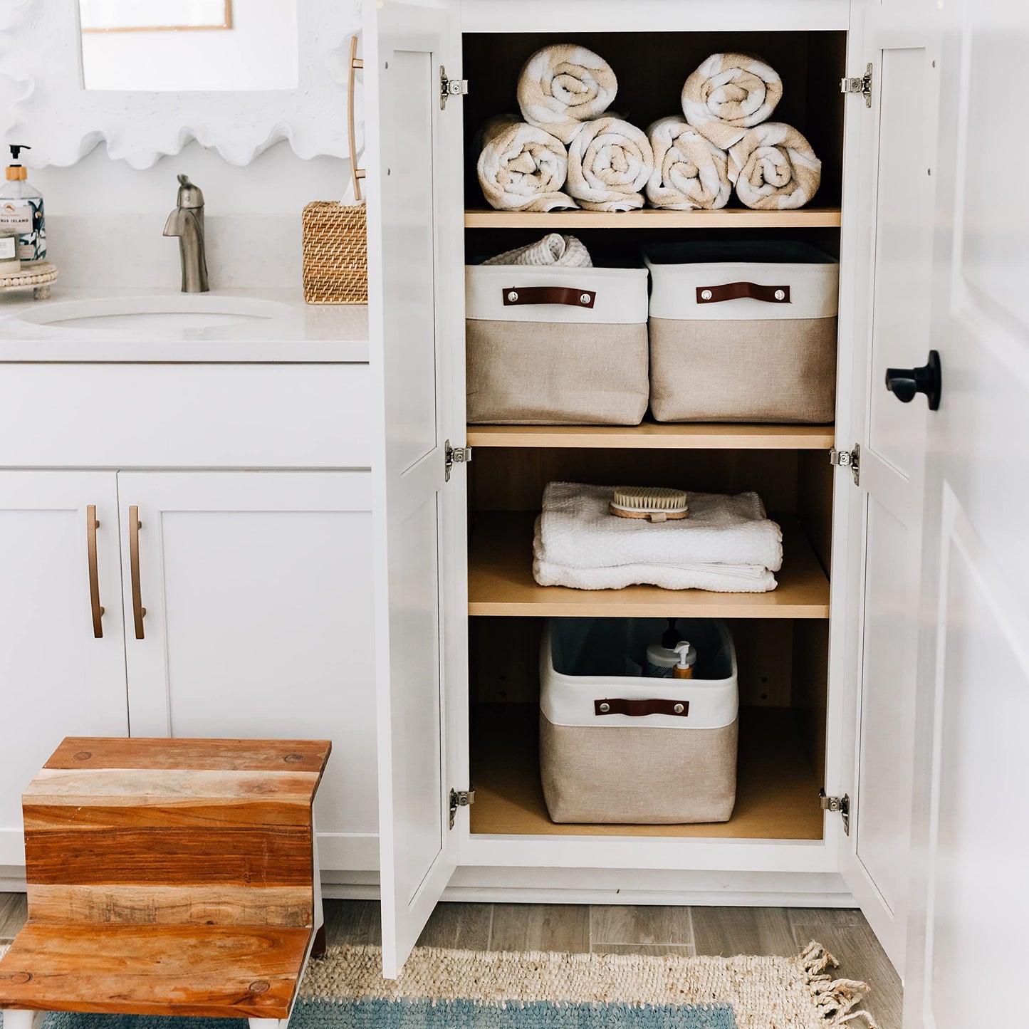 Large Fabric Storage Baskets for Shelves 3 Pack, 15x11in Closet Storage Bins for Shelves, Cloth Baskets for Organizing, Linen Closet Organizers, Fabric Basket, Beige/White