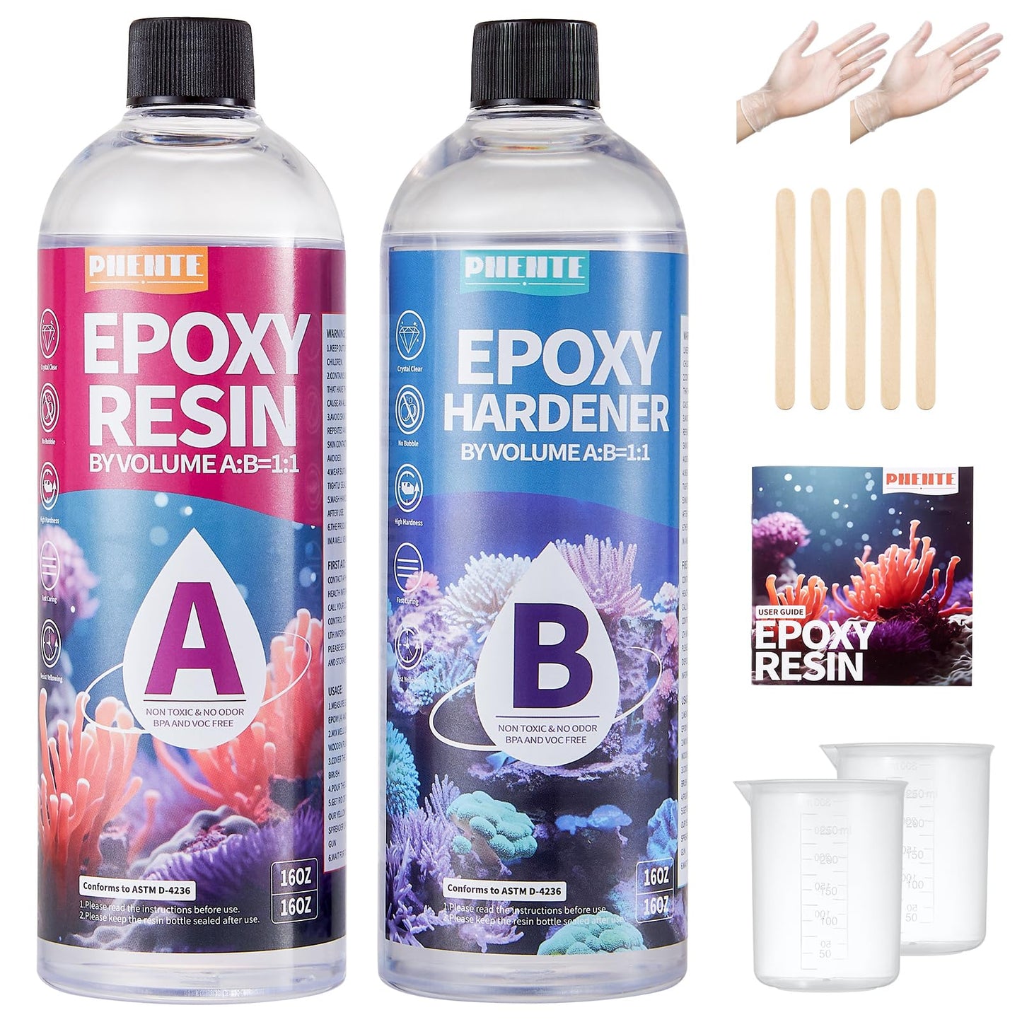 32OZ Epoxy Resin, Crystal Clear, No Yellowing & No Bubbles, Self-Leveling Coating & Casting Resin for Table Tops, Molds, DIY Projects – 1:1 Ratio (16OZ x 2)