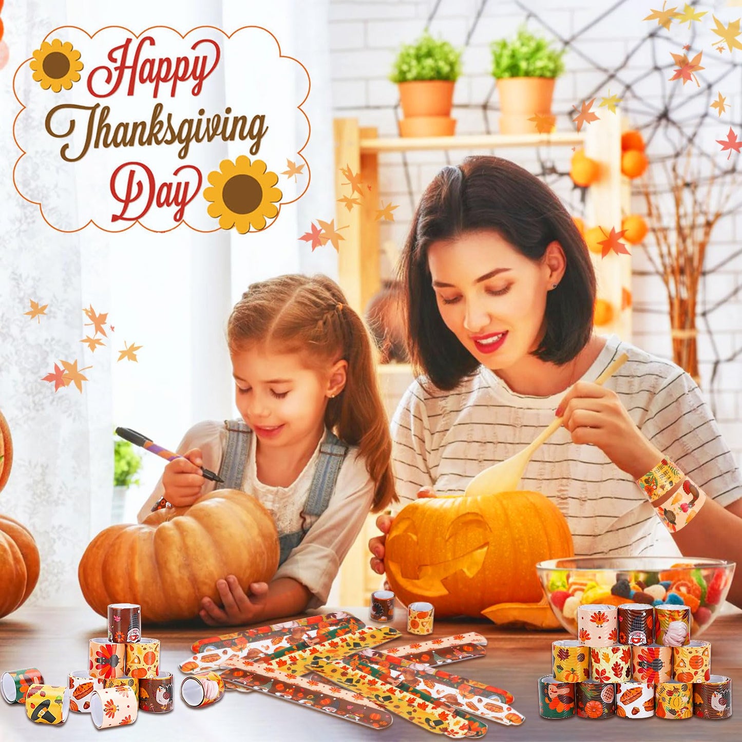Thanksgiving Slap Bracelets, 56 Pcs Thanksgiving Gifts for Kids Autumn Maple Leaf Turkey Pumpkin Snap Bracelets Wristbands for Fall Party Favors Decorations Student Classroom Prizes
