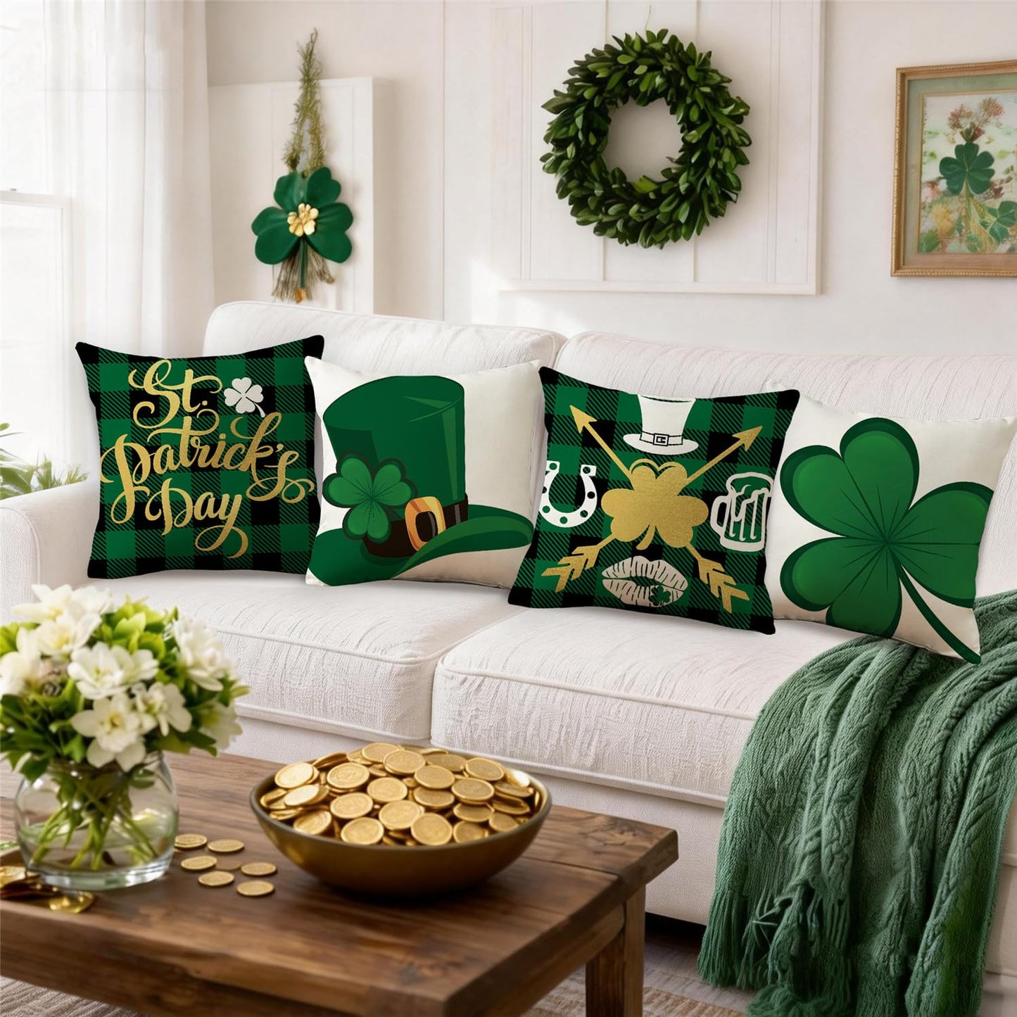 St Patricks Day Pillow Covers 18x18 Buffalo Plaid St Patricks Day Decorations Lucky Clover Hat Throw Pillow Covers Shamrock Cushion Case for Sofa Couch Set of 4
