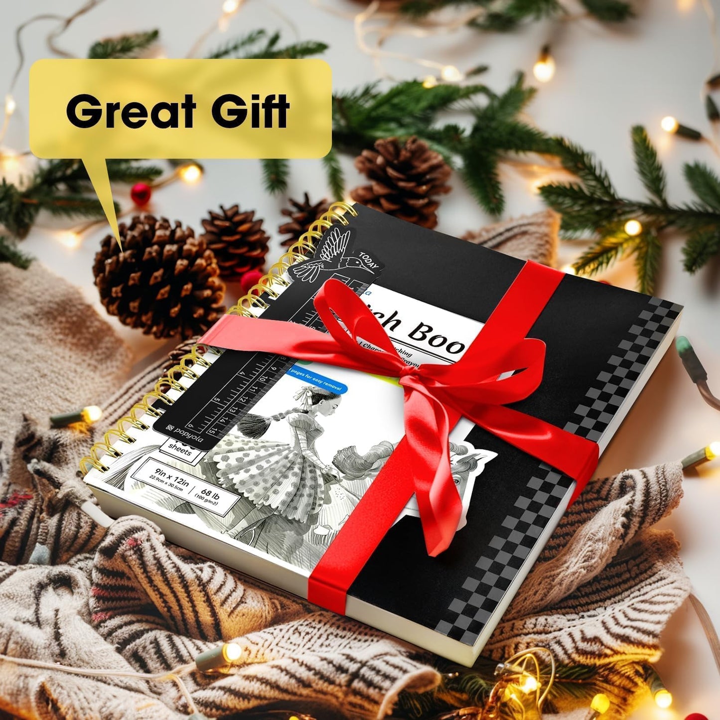 9" x 12" Sketch Book with Bookmark Ruler, 100 Sheets Spiral Sketchbook for Drawing (68lb/100gsm), Acid Free Sketch Pad Artist Sketching Drawing Paper for Kids Teens Adults Artists