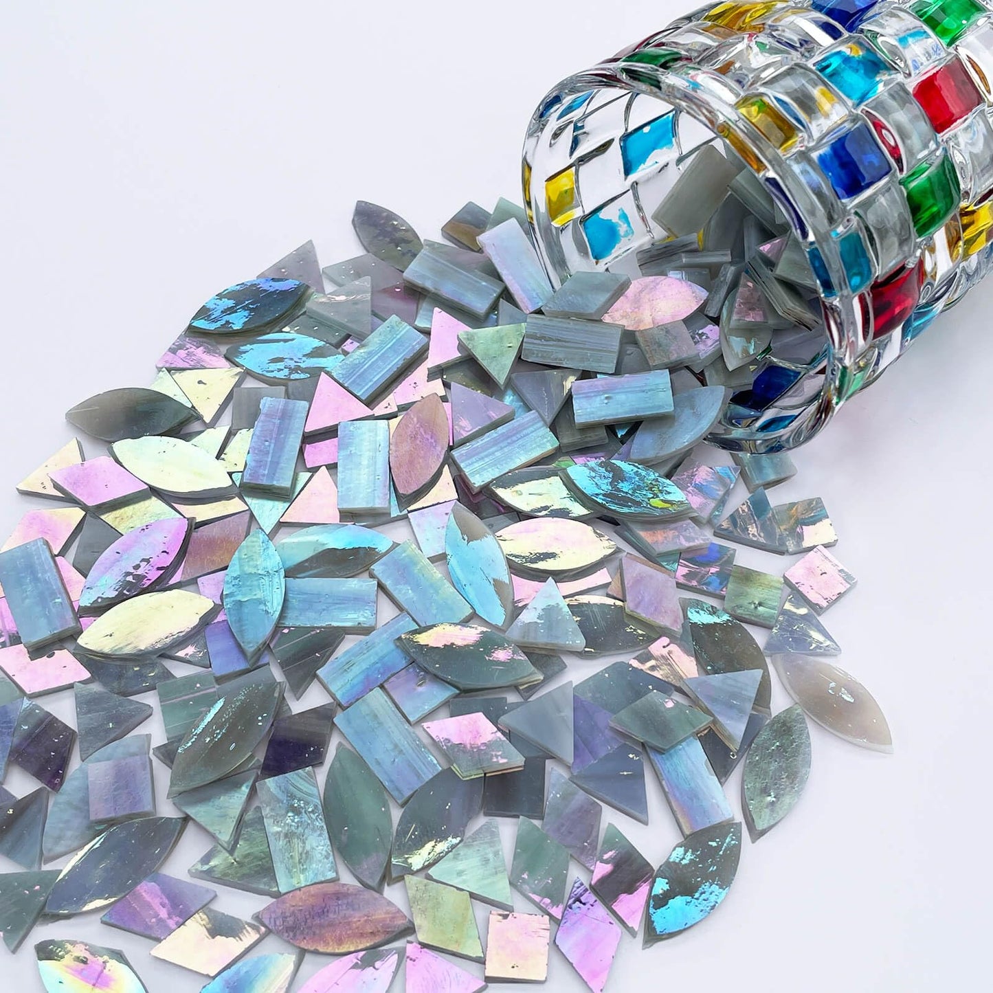 LITMIND Iridescent Ash Gray Stained Glass Mosaic Tiles for Crafts - 240 Pieces, 5 Shapes Mixed (Rectangle, Triangle, Rhombus, Square, Leaf) - Ideal for Mosaic Making Projects and Beginners