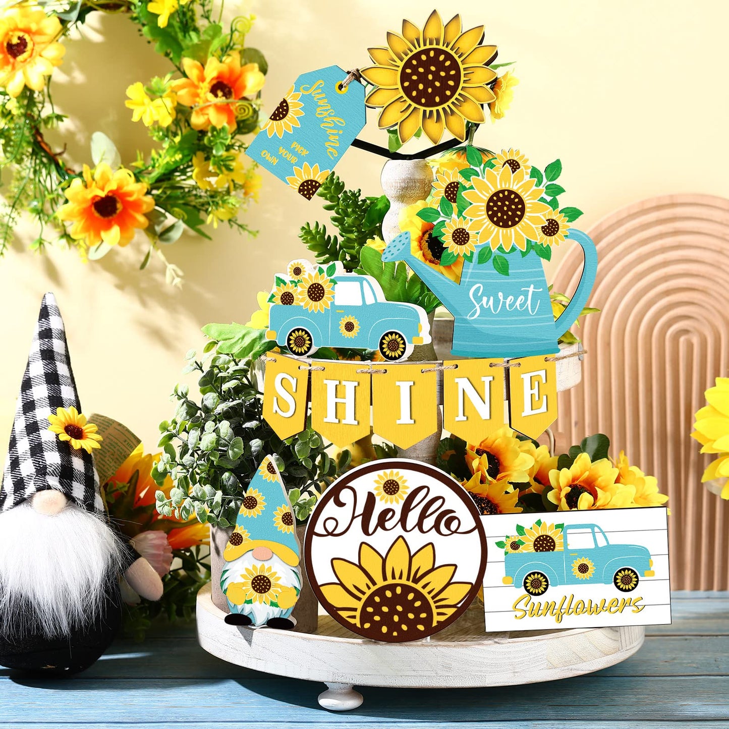 12 Pcs Sunflower Tiered Tray Decor Wooden Summer Tiered Tray Items Truck Gnomes Trays Signs Spring Summer Fall Tabletop Signs for Home Farmhouse Rustic Kitchen Decorations (Sunflower)