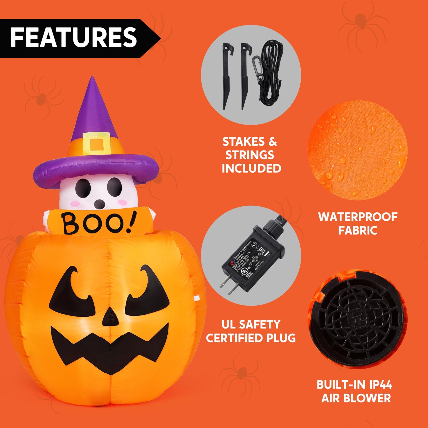 5ft Tall Halloween Animated Inflatables Outdoor Decorations, Inflatable Ghost on Pumpkin with LEDs, Cute Blow Up Pumpkin Ghost Decor for Outside Yard Outdoor Lawn Garden Party Decoration