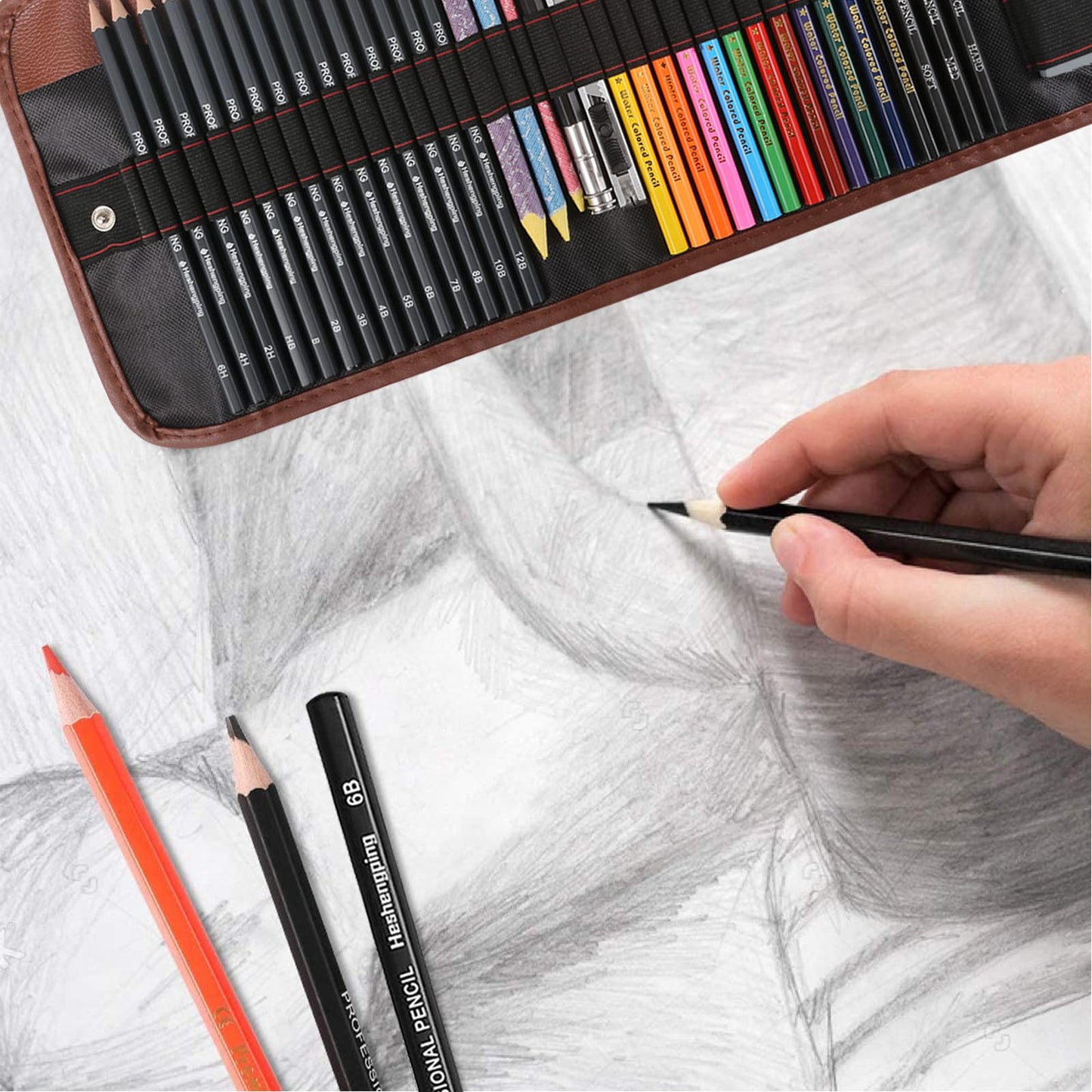 41pcs Sketching Pencil Set Drawing Sketch Kit Graphite Pencils Charcoal Pencils Watercolor Pencils Blending Stumps 50page sketchbook, coloring book, Beginners Artist Teens and Adults