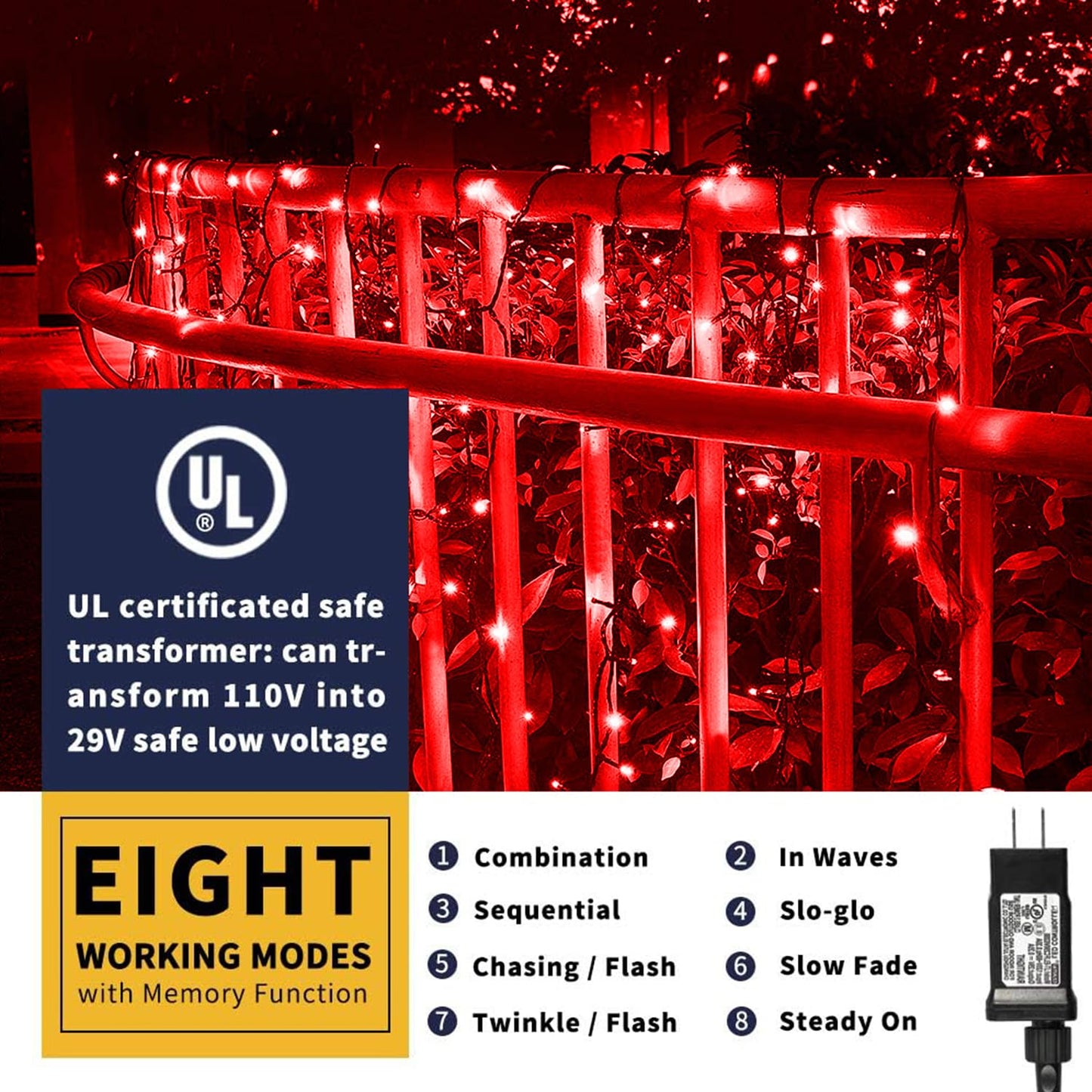 XTF2015 105ft 300 LED Christmas String Lights, End-to-End Plug 8 Modes Christmas Lights - UL Certified - Outdoor Indoor Fairy Lights Christmas Tree, Patio, Garden, Party, Wedding, Holiday (Red)